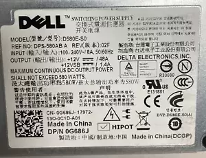 Dell PowerEdge T410 G686J 580W Server PSU Power Supply Unit D580E-S0 @MB50