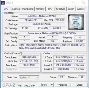 As Is Intel Xeon Platinum 8175M SR3FU 24C 2.5GHz 240W LGA3647 DDR4-2666